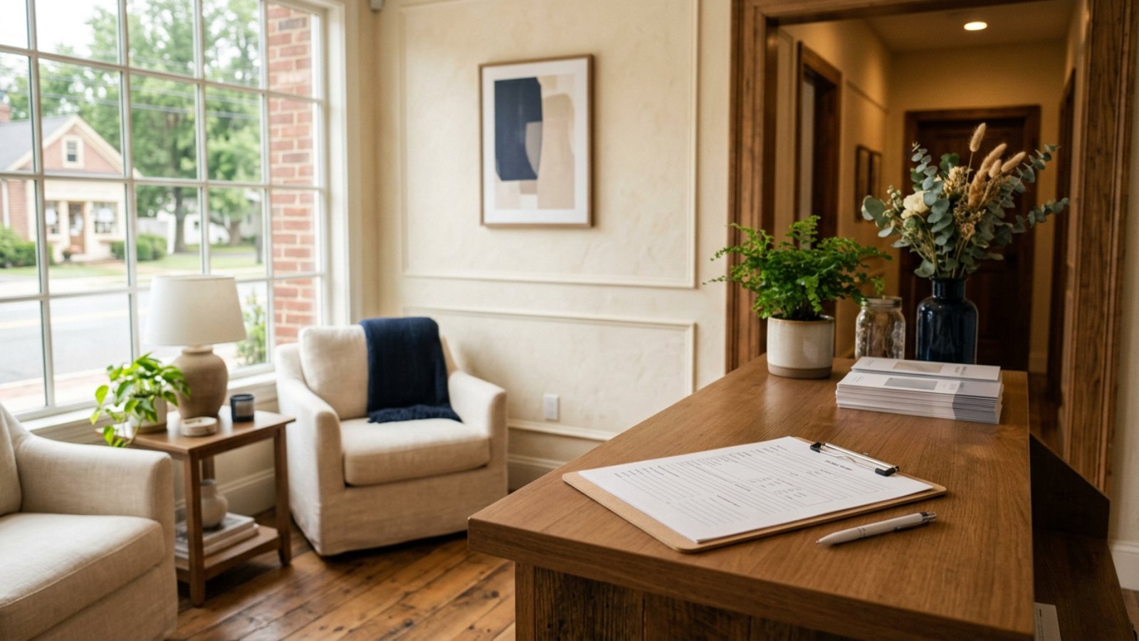 A chiropractor seated across from a new patient, reviewing a health history form in a consultation room