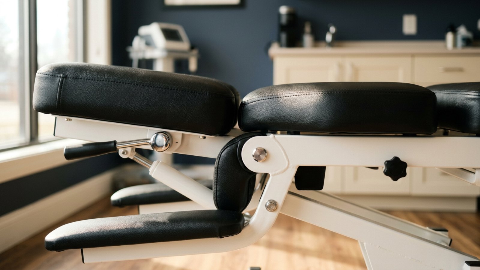 A Cox flexion-distraction table, the specialized treatment table with a movable lower section used for lumbar decompression care.
